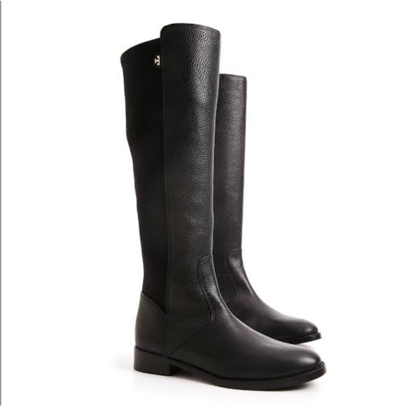 Tory Burch Selden Tall Riding Boots 8.5 Equestrian Black Leather Stretch Scuba - Picture 4 of 16